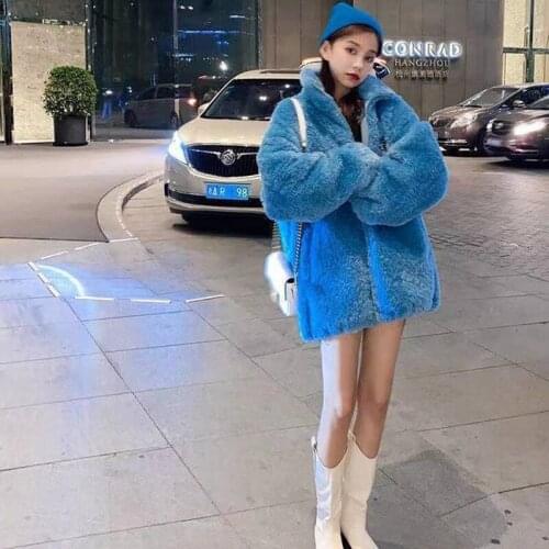 Internet Celebrity Style Casual Blue Sheepskin Wool Fleece Padded Coat Female 2021 New All-Matching Korean Style Loose