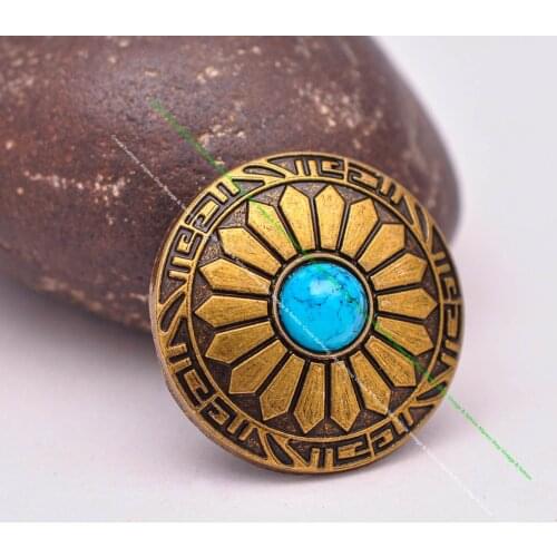 10pcs 30mm Brass Sun Flower Sky Blue Turquoise Bead Leathercraft Hardware Western Belt Bridle Tack Conchos For leather Screwback