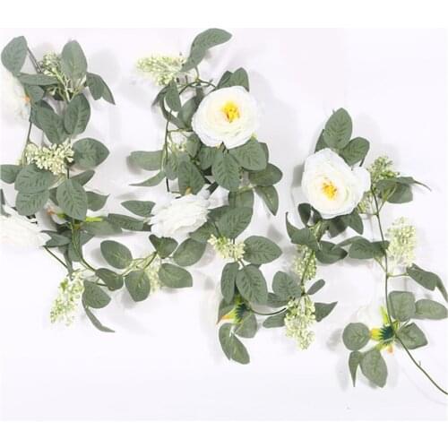 2 pcs 78" Wall Hang Artificial Eucalyptus Plant Tea Rose Flower Garland Wreath Vine for wedding Party Home Garden Decoration