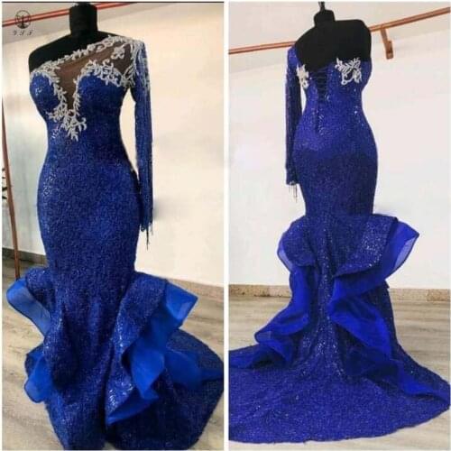 2022 Fashion One Shoulder Royal Blue Beaded Appliqued Stones Mermaid Prom Dresses