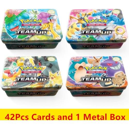 Anime 42pcs/set Cards Pokemon Iron Metal Box TAKARA TOMY Toys Battle Game Snorlax Gengar Eevee Cartoon Kids Christmas Gifts