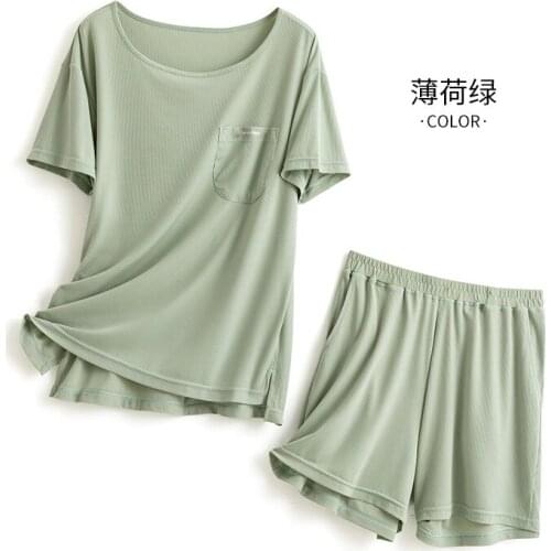 Avocado Green Women Pajamas Set Thin Ice Silk Short Sleeve Summer Home Suit Leisure Plus Size Solid Color Couple Sleepwear Suit