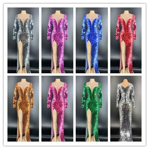 7 Colors Sparkly Silver Mirror Transparent Long Dress Birthday Celebrate Outfit Prom Party Dress Bar Women Dance Dress