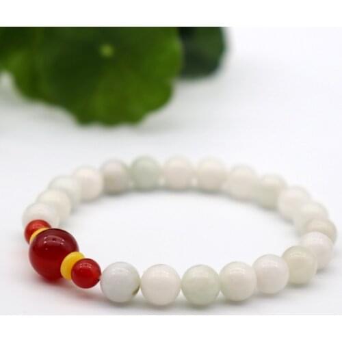 Women Charm Jewelry Accessories Genuine Silky DuShan Jade Beaded Bangle Natural White With Red Agate Bead DIY Elastic Bracelets