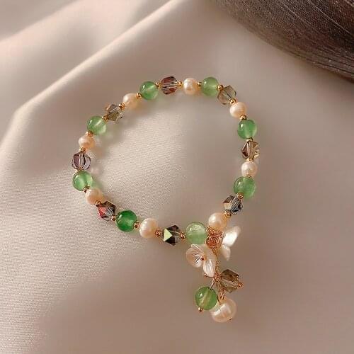 Flower Green/Pink Crystal Beads Freshwater Pearls Strand Bracelet Elastic Rope Beaded Bracelets for Women Fashion Jewelry YBR279