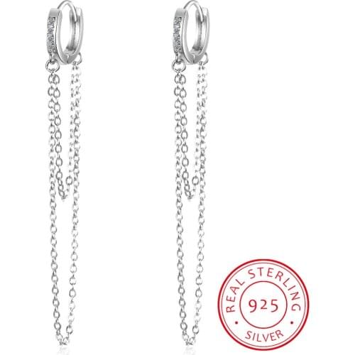 925 sterling silver double mini small Huggie hoop with tassel chain earring for 2 piercing fashion women jewelry