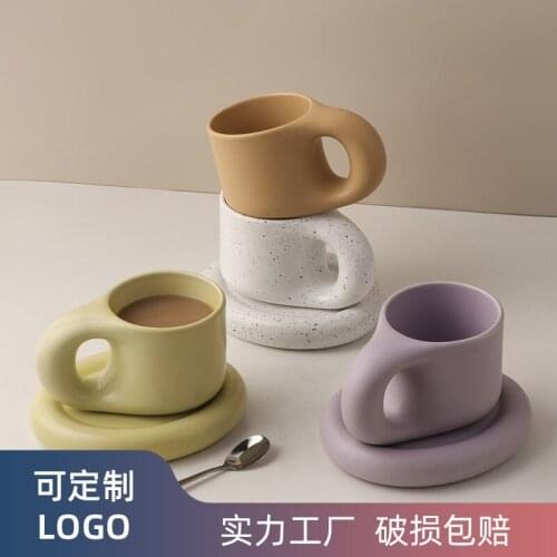 300ml Ceramic Mug INS Hot Fat Handle Mug and Oval Plate Personalized Ceramic Cup Saucer For Coffee Milk Cake Nordic Home Decor