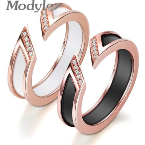 Modyle White Ceramic Ring With One Row Australia Zircon Channel Setting Rose-gold Metal Wedding Open Rings for Women