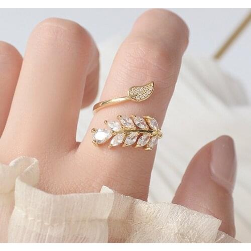 Korean Fashion 14K Real Gold Full CZ Leave Ring for Women Adjustable Open design AAA Zircon Delicate Daily Jewelry Pendant