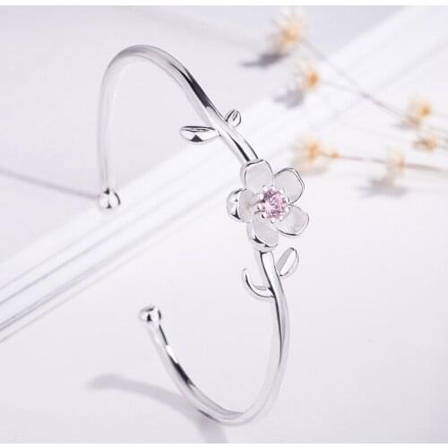 Fashion Net Red Cherry Blossoms Adjustable Bracelets Pink Purple Crystal Flower Opening Bangles Jewelry For Girl Female Gift