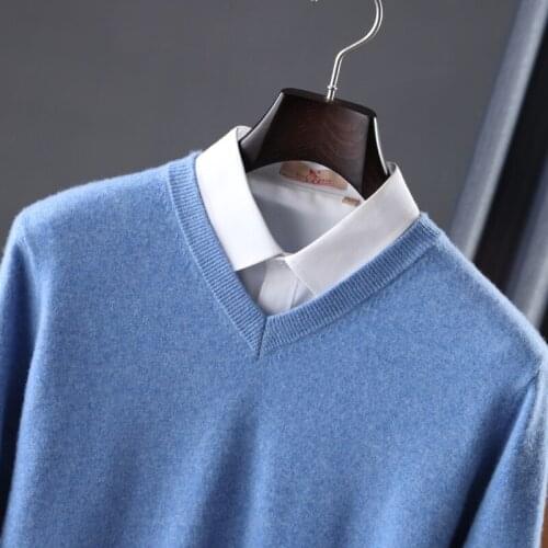 Men Sweaters 100% Pure Australian Wool Knitting Pullovers Winter 2021 Long Sleeve Vneck Solid Color Jumpers Male Woolen Clothes