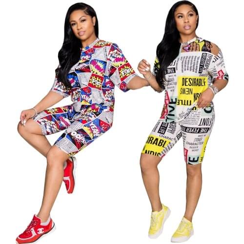 2021 Summer New Style Womens Clothing Printed Drop-Shoulder Sleeve Sports Pants Two-Piece Suit
