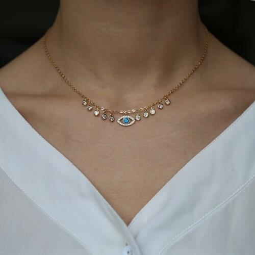 Genuine yellow gold color Necklace Turkey Round Evil Eye Necklaces AAA Zirconia For Woman Chain Jewelry 35+10cm chain