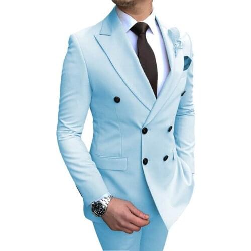 Light Blue Costume Homme Men Suits Double Breasted Wedding Groom Tuxedo Slim Fit Terno Masculino Prom Party Blazer 2 Pieces