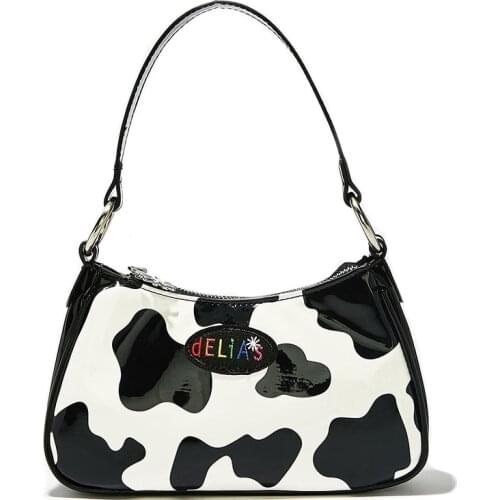 Vintage harajuku pu leather baguette bag cute sweet cow pattern spot handbag mini underarm bag axillary pouch