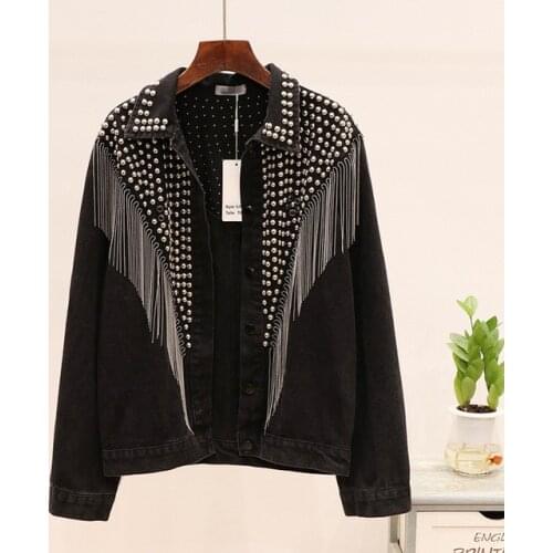 NEW 2020 Autumn Streetwear Denim Jacket Women Hand-studded Rivet Tassel Chain Short Jeans Jacket Loose Black Coats