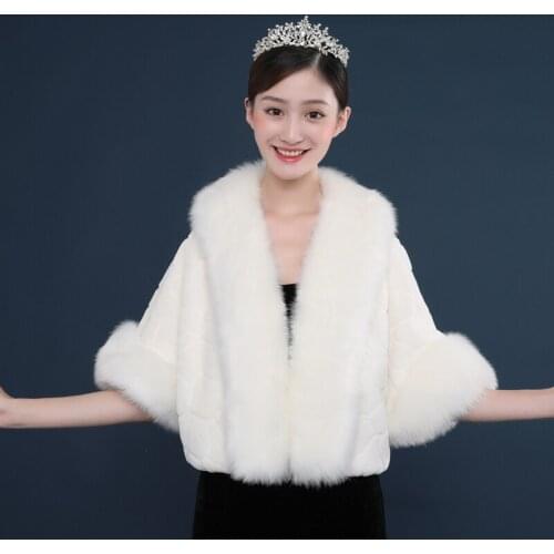 New Wedding Winter Bolero Women Faux Fur Shawl Elegant ivory Cape One Size Fur Cape Real Photos Sleeve Bridal Wrap