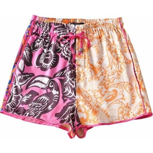 YENKYE Vintage Patchwork Print Shorts Women Drawstring Elastic Waist Casual Summer Short pantalones cortos de mujer