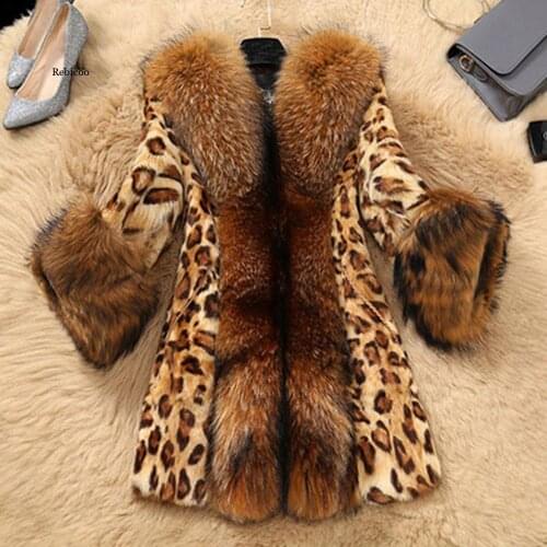 Winter Faux Fur Womens Leopard print coat Plus Size Raccoon Dog Fur Warm Women luxury coats Women loose long sleeve Elegant coat