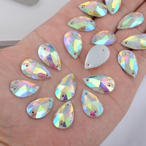BOLIAO 10Pcs 13*21mm ( 0.51*0.83in ) AB Color Drop White Shiny Acryl 2 Hole Crystal Flatback Sew on Clothes Home Decor DIY