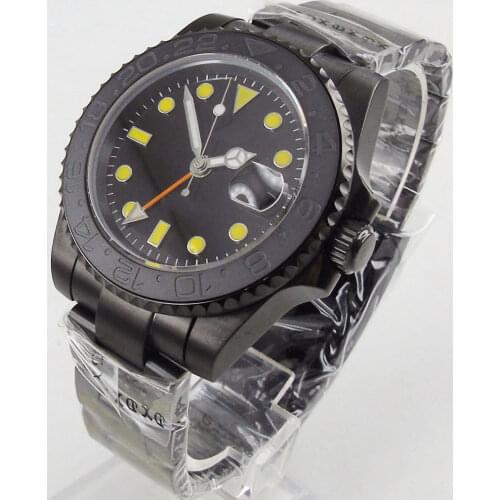 40MM Sterile Dial Sapphire Glass Ceramic PVD Coated GMT Movement Clear Glass Back Automatic Mens Wristwatch