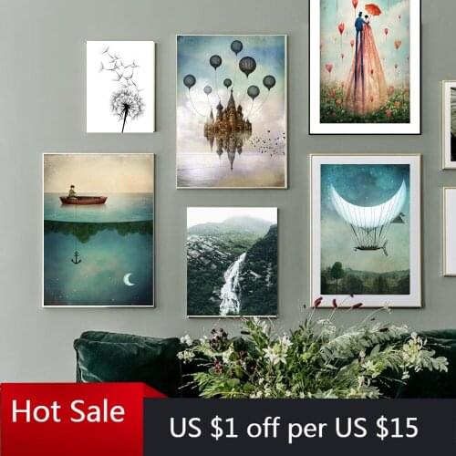 Abstract Moon Waterfall Picture Scandinavian Poster Nordic Style Print Nature Scenery Wall Art Canvas Painting Modern Room Decor
