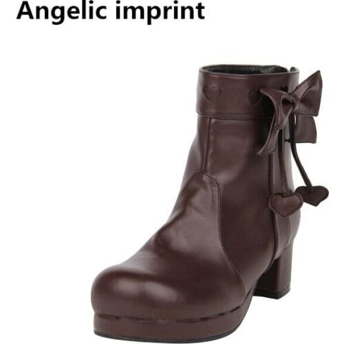 Angelic imprint mori girl Women shoes lady lolita ankle Boots woman princess low heels pumps short boots lovely heart 33-47 bow