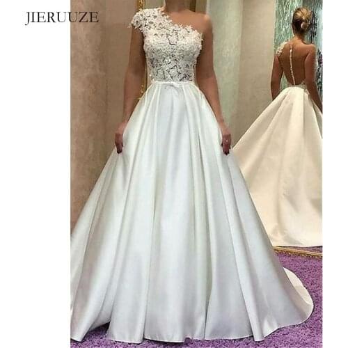 JIERUIZE White Satin Simple Wedding Dresses Lace Appliques Sheer Back Buttons Wedding Gowns Bride Dresses robe de soiree