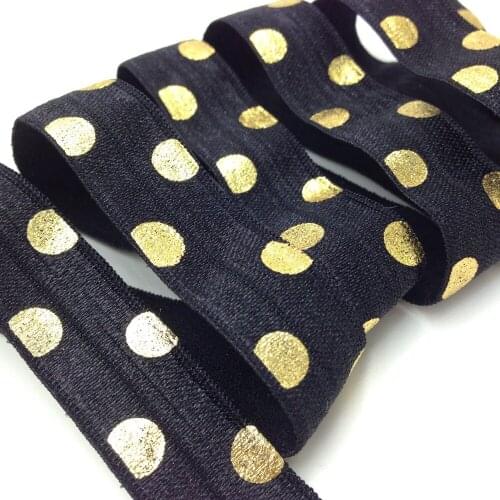 5 Yards 5/8 Black Gold metallic Big Polka dots printed Fold over Elastic rope, Hair elastic ribbon,Sewing accessories