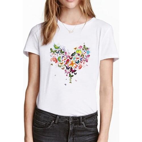 Hipster O-neck Tee for Girls Love Heart Colorful Butterfly T-shirt Women Summer Kawaii Printed Tee Fashion Harajuku Tops
