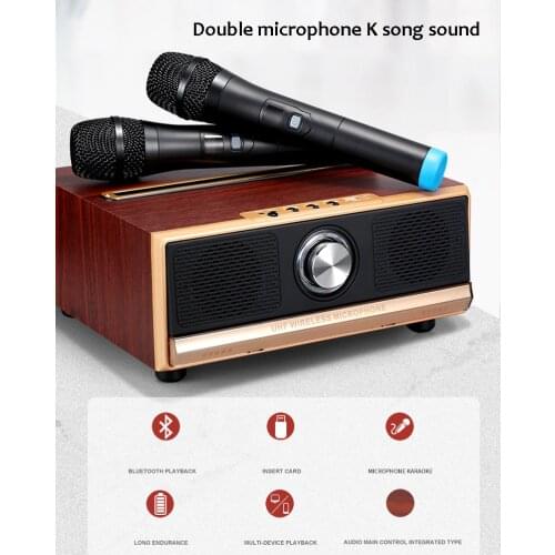 Karaoke Wireless Speaker 3D Surround Sound Multi-function Bluetooth Speaker System Subwoofer Microphone Wooden Desktop Speaker