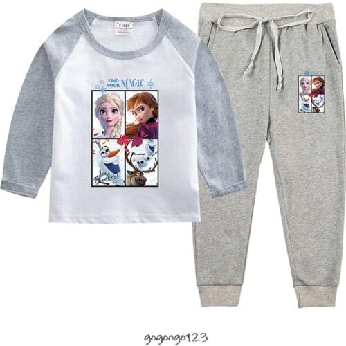 Disney Pajamas Sets Cotton Boys Frozen Elsa Sleepwear Autumn Mickey Duck Print Girls Long Sleeve Tops+Pants 2pcs 1-10 Years Old