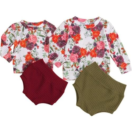 0-18M Newborn Baby Girl Clothes Sets Long Sleeve Floral T-shirt Tops Bloomers Shorts 2PCS Outfits