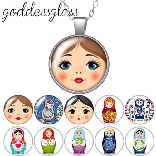 Матрёшка matryoshka Russian Pendant Round Glass glass cabochon silver plated/Crystal pendant necklace jewelry for Gift