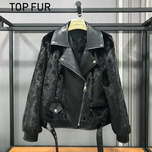TOPFUR Fashion Real Mink Fur Genuine Sheepskin Leather Motorcycle Jacket 2020 Winter New Womens Whole Skin Mink Fur Coat