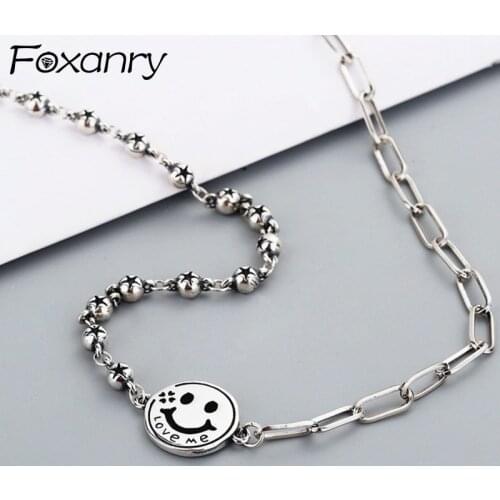 Foxanry INS Fashion 925 Sterling Silver Necklace Splicing Chain Accessories Vintage Hip Hop Simple Hollow Smiley Party Jewelry