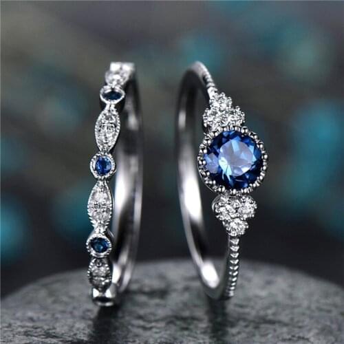 Fashion Jewelry Blue / Green Color Engagement And Wedding Rings Set For Women Ladies Jewelry Gifts Vintage Hollow-out Tone Rings