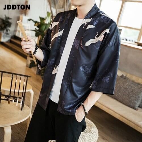 JDDTON Spring Men Kimono Fashion Loose Long Cardigan Print Outerwear Open Stutch Vintage Coat Male Jackets Casual Overcoat JE028