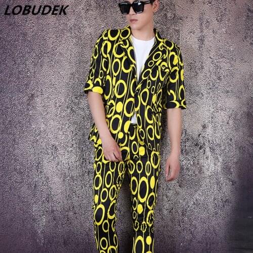 Yellow Dot Pattern Blazer Pants Thin Summer Short Sleeve Mens Suit Tide Male Singer Host Nightclub Concert Stage Outfit Costume