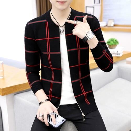 2021 Mens Autumn Trend Slim-Fit Knitted Cardigan Teenagers Casual Handsome Plaid Outerwear Sweater