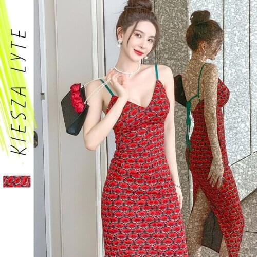 New Autumn 2021 Knitted Print Dress V Neck Stretch Pattern Dresses Spaghetti Strap Boho Beach Sundress