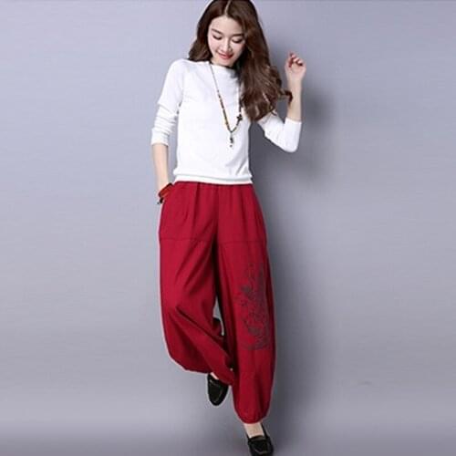 New Style Casual Cotton Linen Trouser Elastic Waist Women Pants 2021 Spring Embroidery Chinese Style Wide Leg Pants 11556