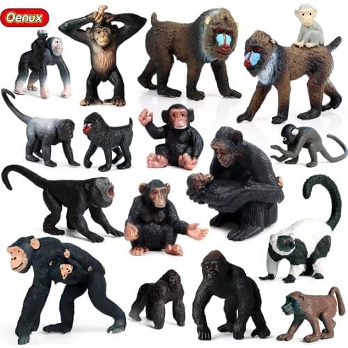 Oenux Original Wild Animal Action Figures Monkey Chimpanzee Orangutan Golden Gibbon Model PVC Miniature Kids Educational Toys