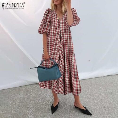 Summer Vintage V Neck Half Sleeve Mid-calf Dress ZANZEA Women Elegant Plaid Checked Party Sundress Robe Holiday Vestidos Kaftan