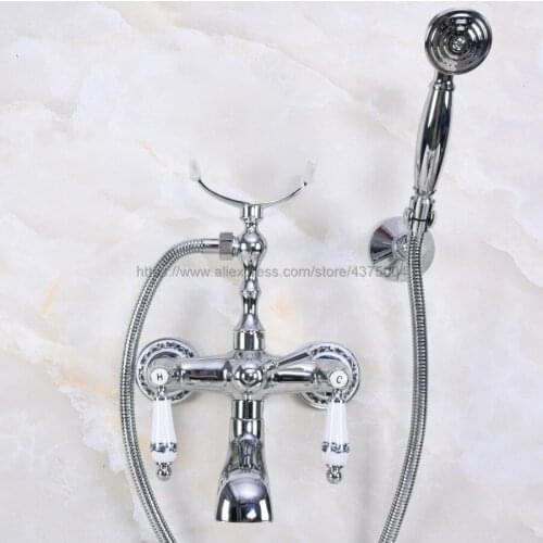 Wall Mount Polished Chrome Bathtub Tub Mixers Two Ceramic Handles Bathroom Bath Shower Faucet with Handshower Nna241