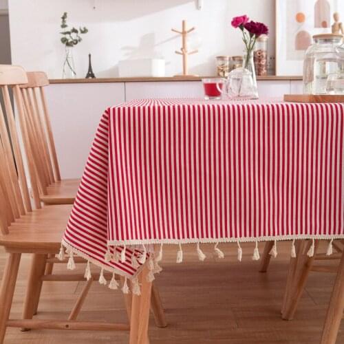Simple Red Striped Table Cloth Plaid Printed Tablecloth Home TV Counter Cotton Fabric with Tassel Coffee Decor Table Cover