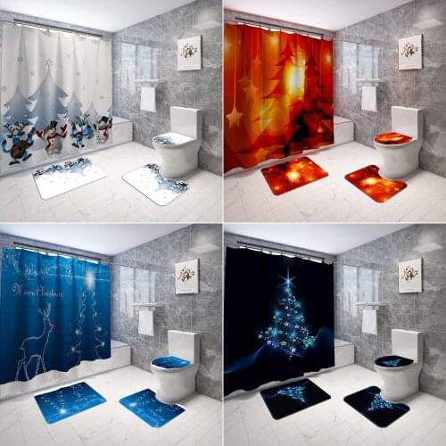 Merry Christmas Shower Curtains Bathroom Set Elk Snowman Snow Tree Bathing Screen Curtain Toilet Lid Cover Bath Mats Rugs Sets