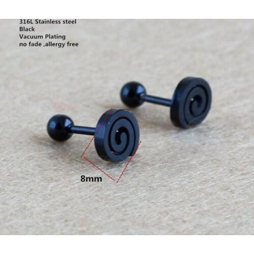 Titanium Black Plated Screw-back 8mm Stud Earrings 316 L Stainless Steel No Fade No Allergy