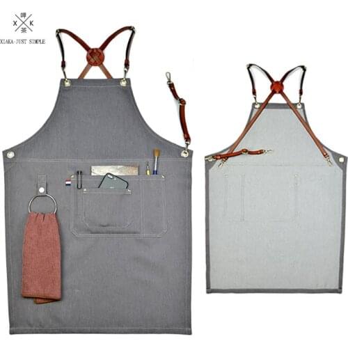 Grey denim bib apron Leather Strap Straps Barista/Bartender/Stylist Hairdresser/Waiter/Florist/Painter/Gardener/Craft workshop