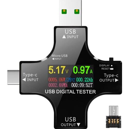 2in1 Type C USB Tester USB Voltmeter Ammeter Current Voltage indicator Meter Multimeter with OTG Connector with IPS LCD Screen